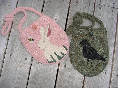 Hooked purse pattern on monks cloth 9 x 9 1/2 choice of rabbit, crow, flower or star motif